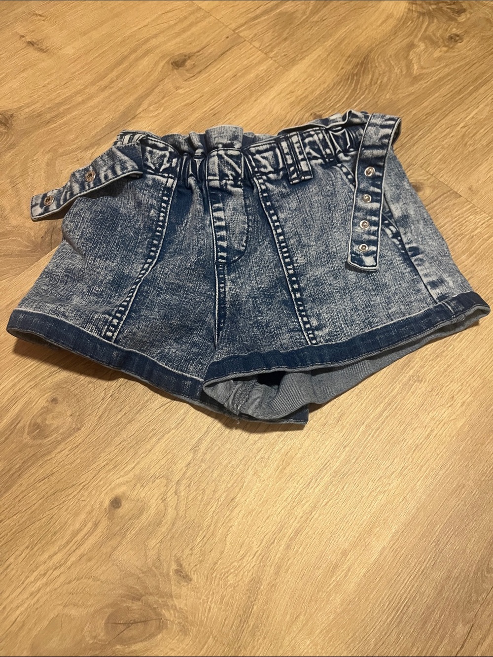 Habitual Acid Wash High-Rise Paperbag Denim Shorts - Blue